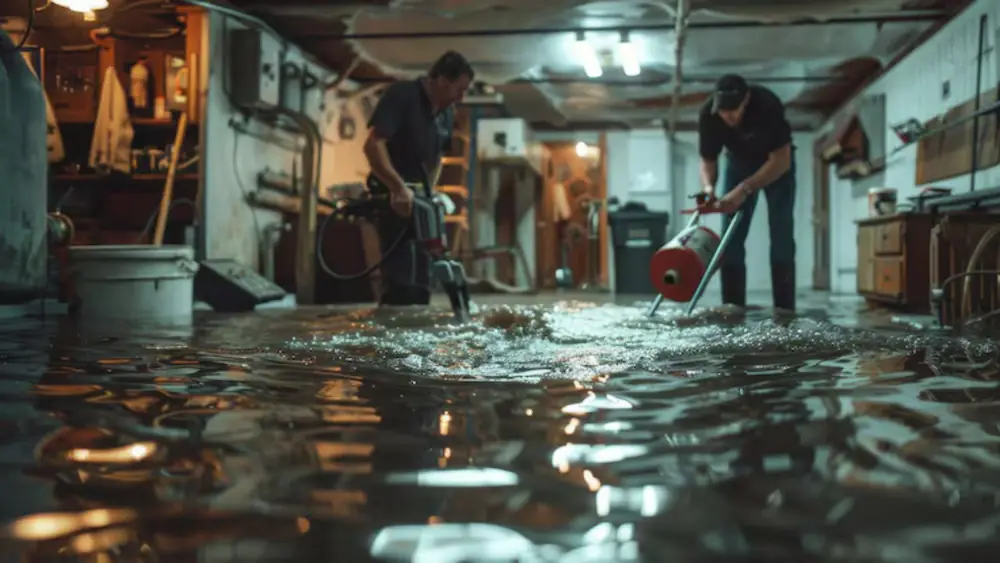Two workers removing water from a flooded basement