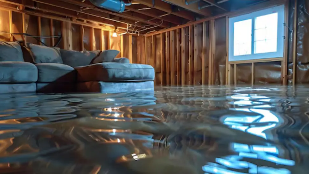 Flooded basement living area with exposed wall framing