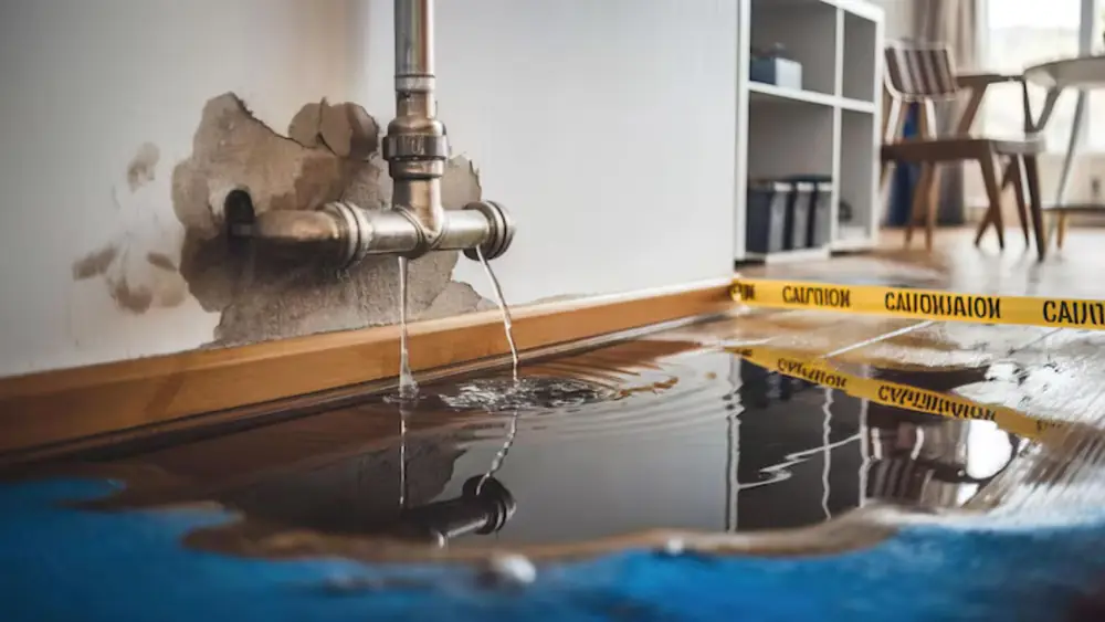 Leaking pipe fitting on a wall with caution tape over a wet floor