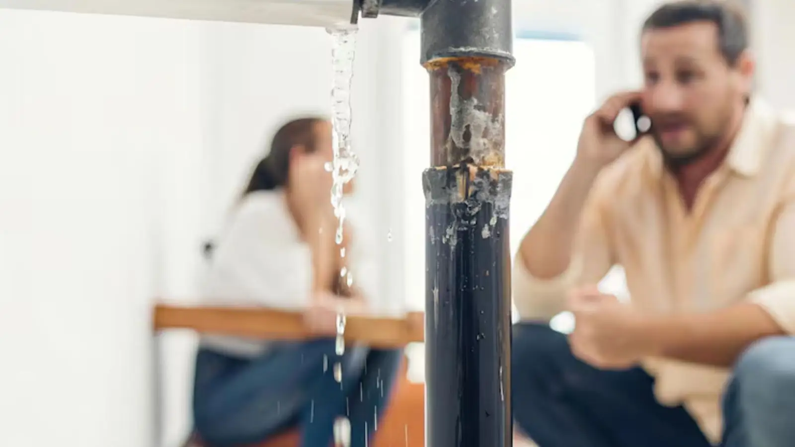 Two people on a phone call beside a leaking pipe