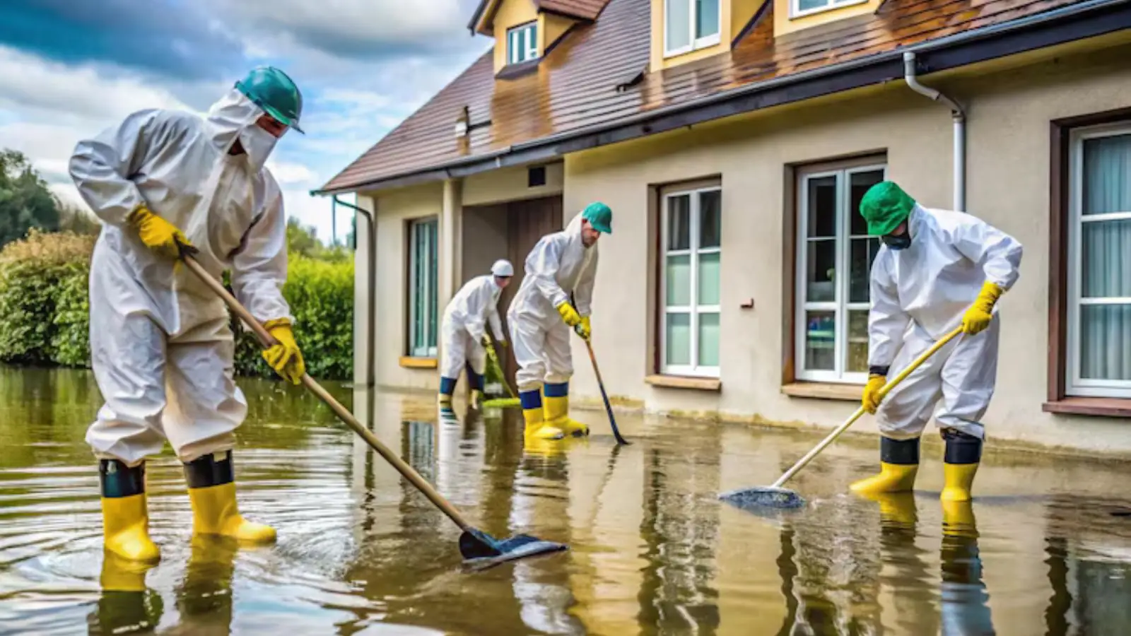 Crew in protective suits and boots cleaning up a flooded home