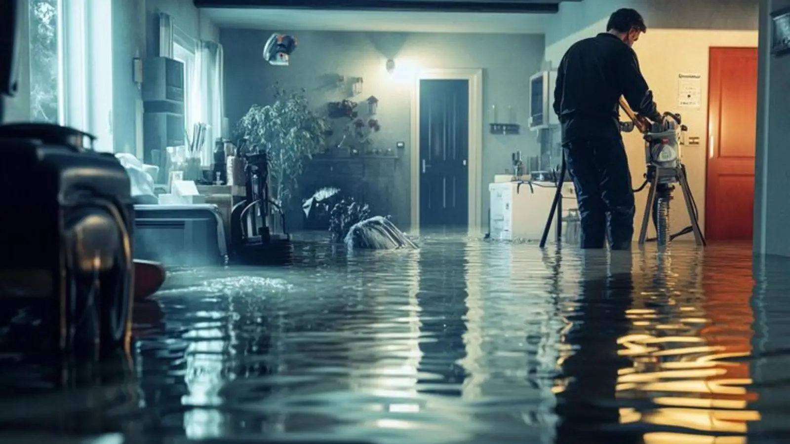 Worker setting up equipment in a water-damaged room